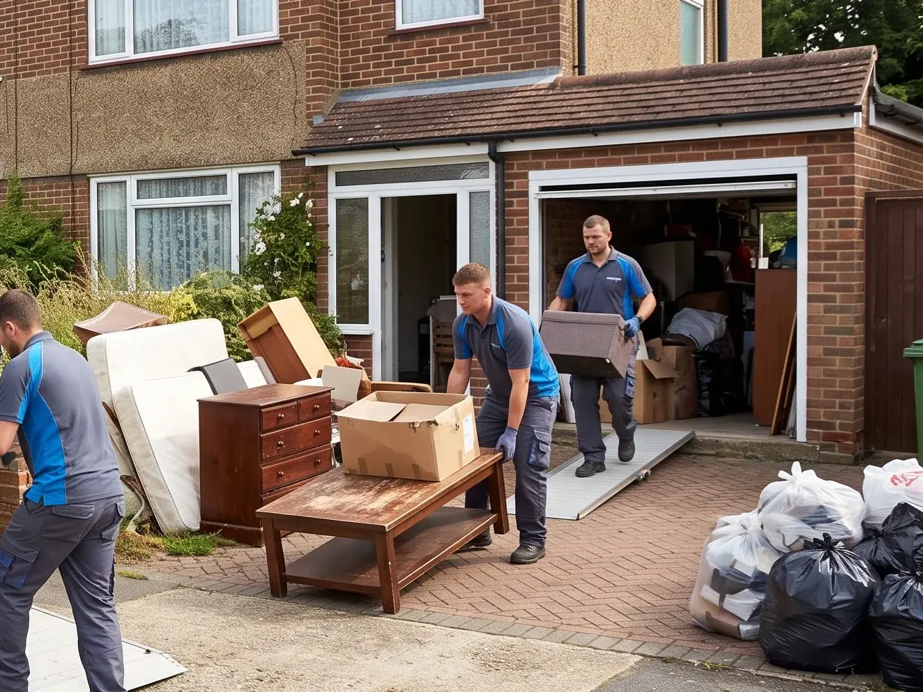 Three clearance workers emptying a house and garage, with furniture, mattresses and bagged waste out on the drive