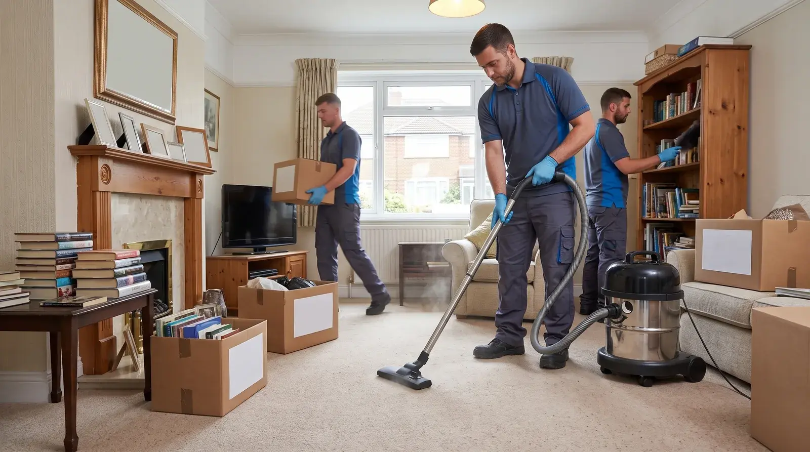 Three of our team clearing and cleaning a front room together, one vacuuming the carpet, one dusting the bookcase and one carrying a packed box out