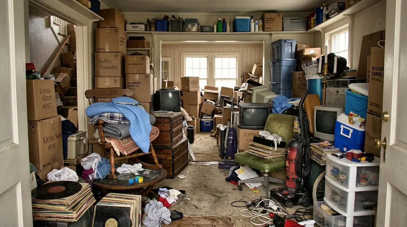 A front room packed with boxes, records, old televisions and furniture waiting to be cleared