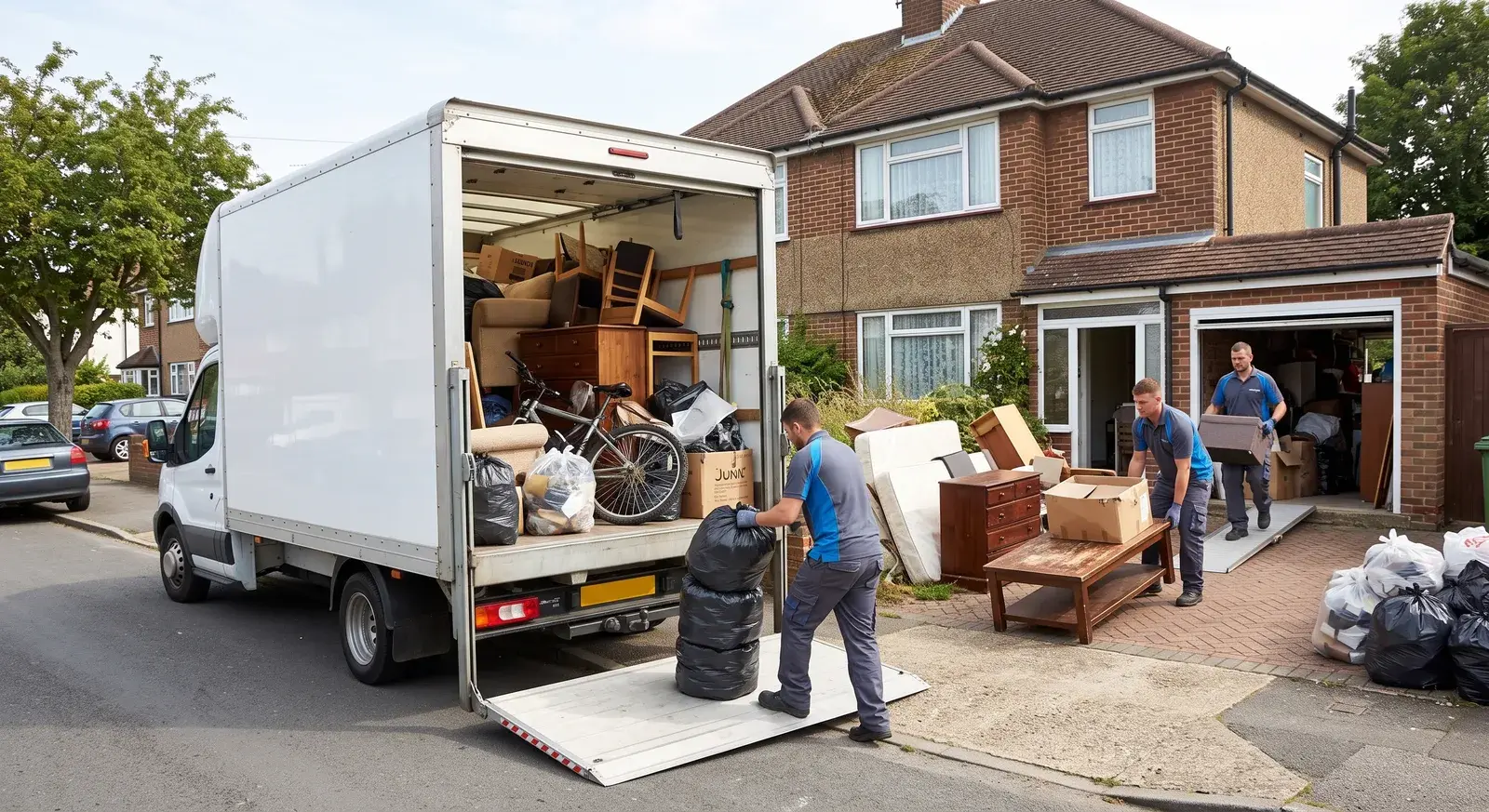 Two of our team carrying furniture and bagged waste out of a house to a waiting van