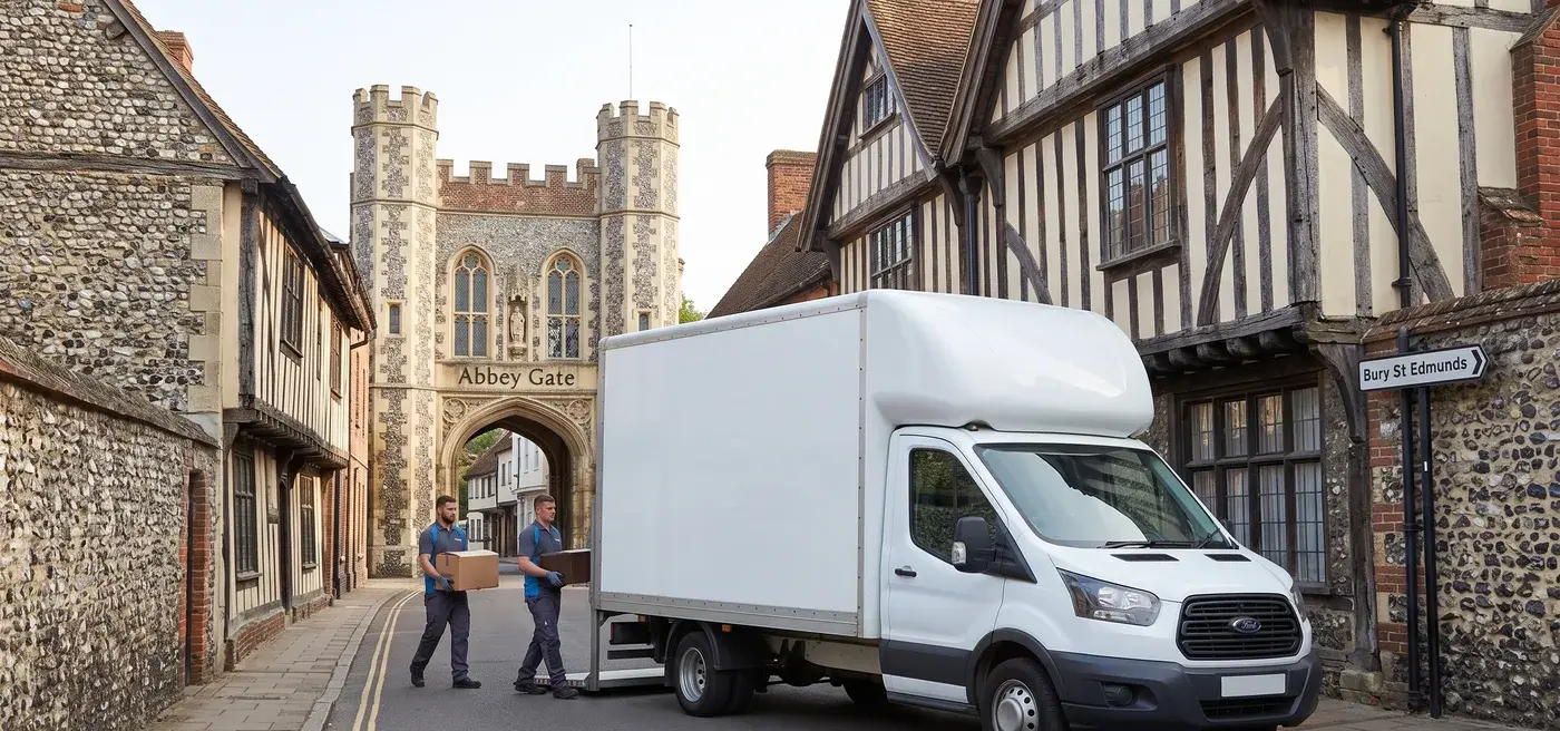 Two clearance workers carrying boxes to a Luton van parked in front of the Abbey Gate in Bury St Edmunds